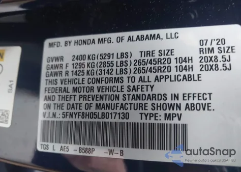 2020 Honda Passport Awd Elite из США, поврежденный, VIN 5FNYF8H05LB017130